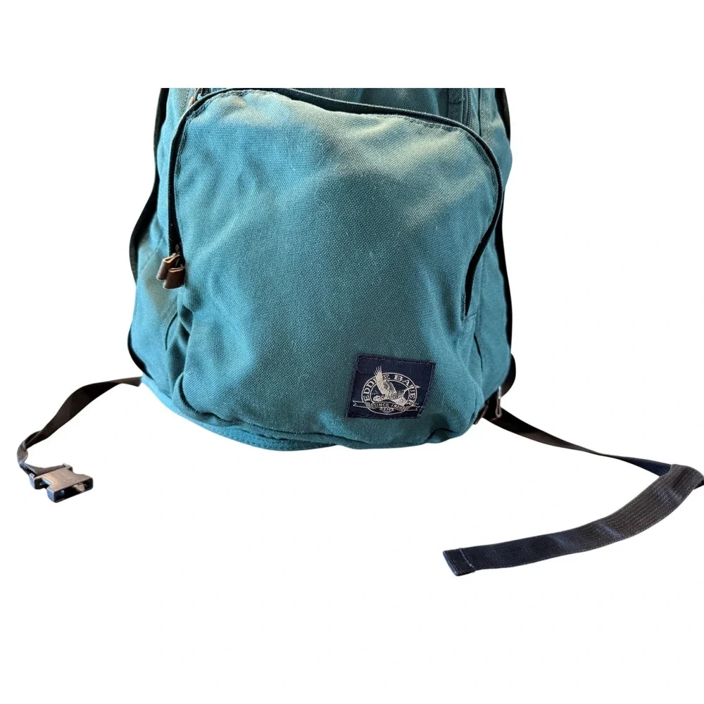 Vintage Eddie Bauer Green Nylon Canvas Backpack Leather Bottom Daypack Bag